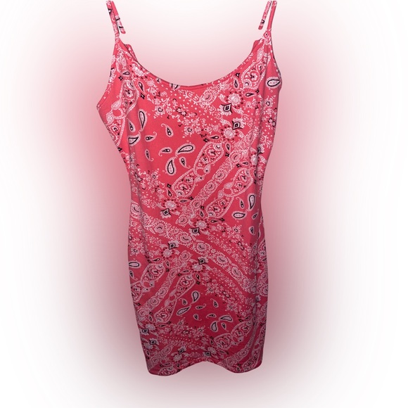 Hot Pink Bear Dance Paisley Bandana Print Bodycon Spaghetti Strap Dress (Small) - Picture 3 of 4